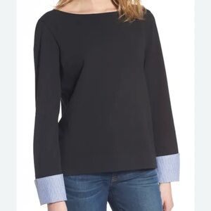 J. Crew Pullover Top with Pinstripe Cuffs- Black- Size XL- Preppy